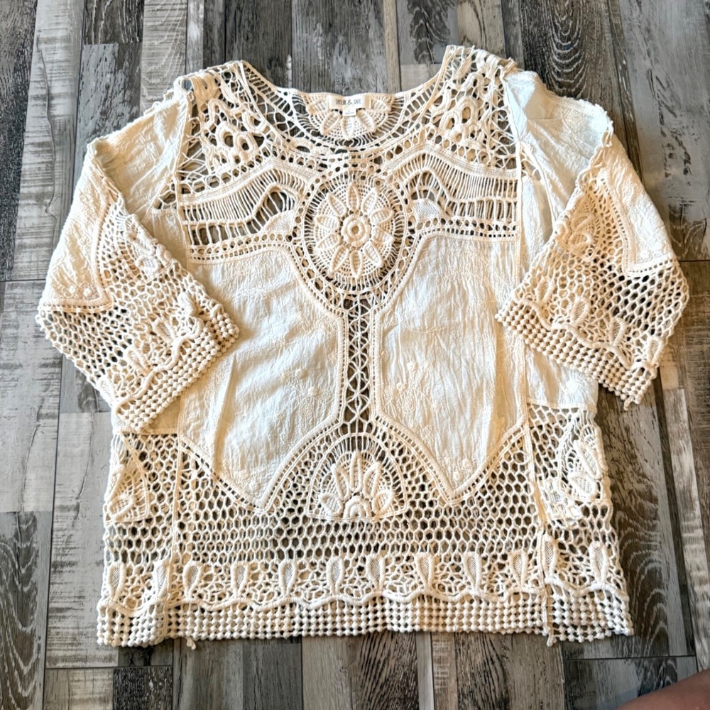 Taylor & Sage Crochet Lace Boho Chic Top Womens Large Cream Festival Blouse